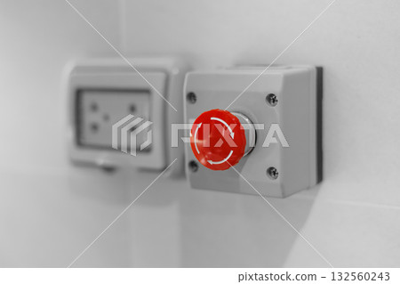 red emergency stop button, stop breaker pressing switch, urgent calling for help, stop loss concept. 132560243