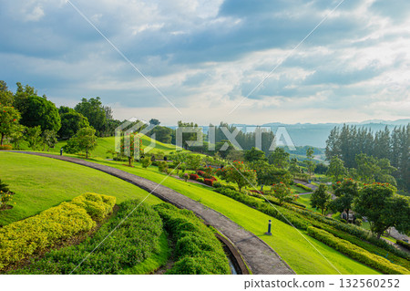 Mountain Hill green park, Lawn, lush green grass panoramic landscape view. Natural background 132560252