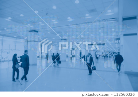 World map with convention center hall corridor background, World conference, International business World map with convention center hall corridor background, World conference, International business 132560326