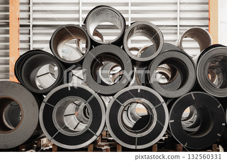Metal sheet roll, steel sheet roll stock pile storage warehouse heavy industry manufacturing plant. Metal sheet roll, steel sheet roll stock pile storage warehouse heavy industry manufacturing plant. 132560331