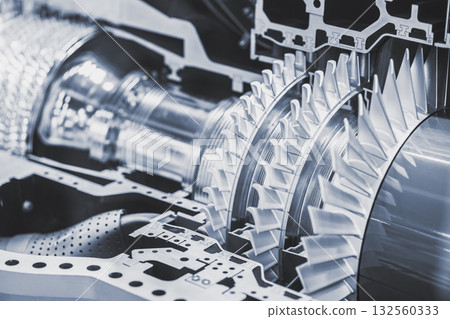 Turbine Blades, High Precision Advance Engineering, Rotor In Jet Engine or Steam Power Plant. Turbine Blades, High Precision Advance Engineering, Rotor In Jet Engine or Steam Power Plant. 132560333