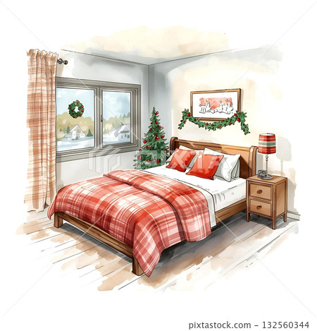 A bedroom decorated for Christmas with a snowy view from the window (watercolor illustration) A bedroom decorated for Christmas with a snowy view from the window (watercolor illustration) 132560344