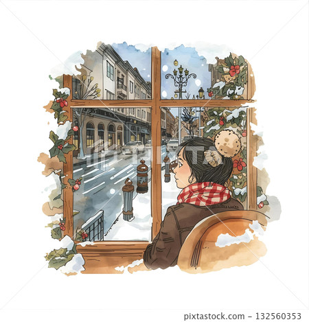 一位女子望著窗外，窗外裝飾著灑紅節的彩旗，窗外是白雪皚皚的街道（水彩風格） 132560353