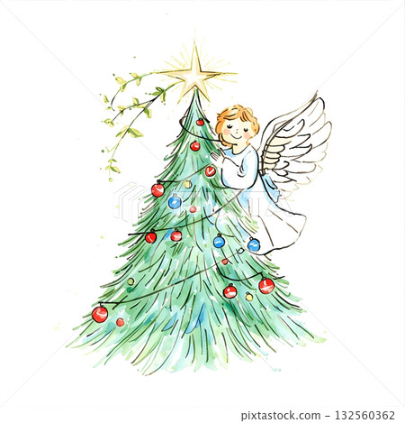一位天使依偎在裝飾著星星的聖誕樹旁（水彩插圖） 132560362
