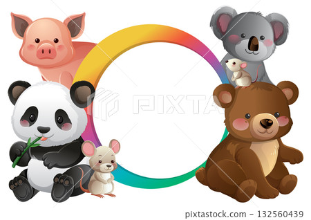 Cute Baby Animals with Colorful Circular Frame Illustration 132560439