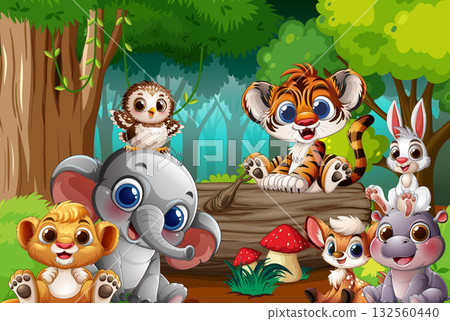 Cute Baby Jungle Animals Gathering in Forest Clearing 132560440