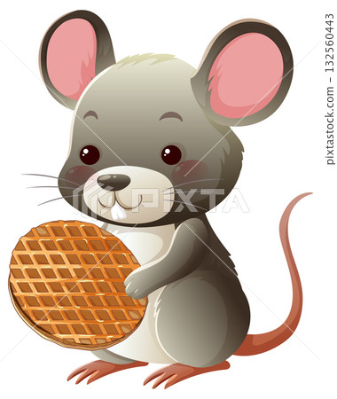 Cute Cartoon Mouse Holding a Waffle Snack Cute Cartoon Mouse Holding a Waffle Snack 132560443
