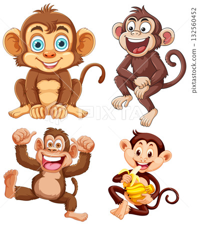 Cartoon Monkeys in Playful and Cheerful Poses Cartoon Monkeys in Playful and Cheerful Poses 132560452