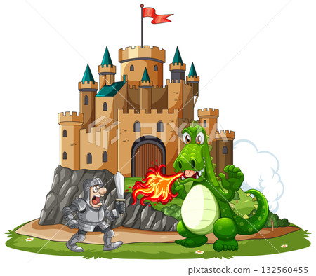 Knight Battles Fire-Breathing Dragon Outside Medieval Castle Knight Battles Fire-Breathing Dragon Outside Medieval Castle 132560455