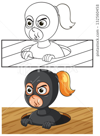 Cartoon Female Robber Peeking Through Wooden Floorboards 132560458