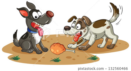 Two Cartoon Dogs Competing for a Chicken Drumstick 132560466