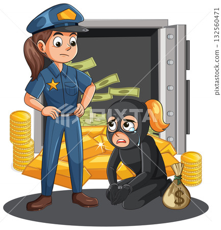 Police Officer Catching Crying Burglar in Bank Vault 132560471
