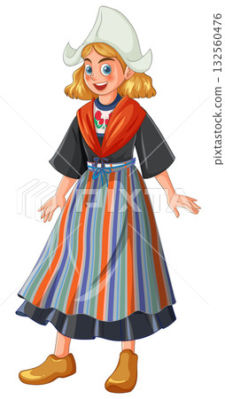 Dutch Girl in Traditional Striped Folk Costume Illustration Dutch Girl in Traditional Striped Folk Costume Illustration 132560476