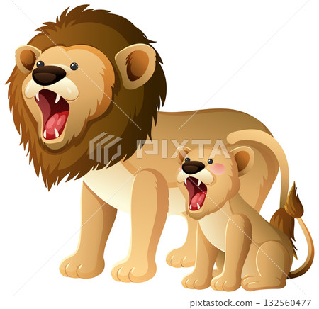 Roaring Lion and Cub Cartoon Vector Illustration Roaring Lion and Cub Cartoon Vector Illustration 132560477