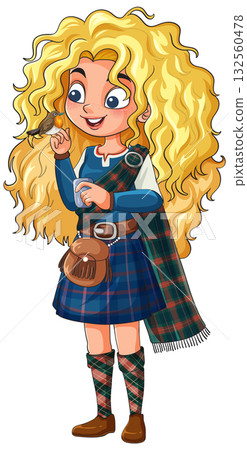 Blonde Girl in Tartan Outfit Holding Small Bird Blonde Girl in Tartan Outfit Holding Small Bird 132560478