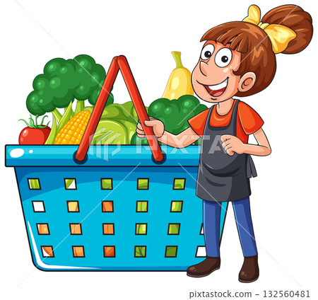 Smiling Girl Holding Grocery Basket Full of Vegetables 132560481
