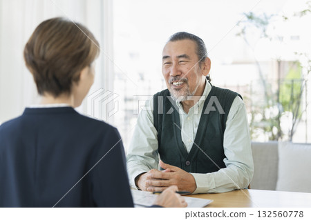 Senior man talking face to face with businesswoman Senior man talking face to face with businesswoman 132560778