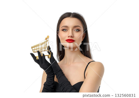 Woman with golden cart promoting sales, isolated, PNG 132560831