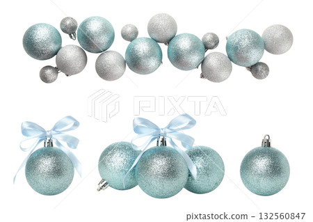 Turquoise and silver Christmas ornaments shine, isolated, PNG 132560847