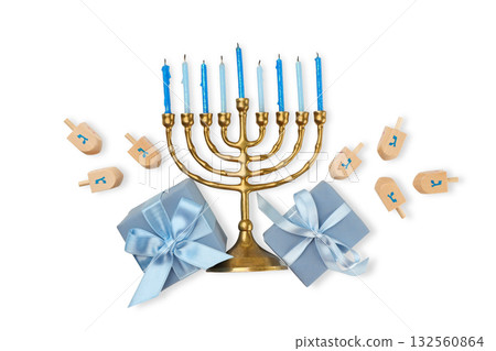 Gold menorah with blue candles, gifts, and dreidels, isolated, PNG 132560864
