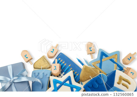 Festive Hanukkah cookies shaped like dreidels and stars, isolated, PNG Festive Hanukkah cookies shaped like dreidels and stars, isolated, PNG 132560865
