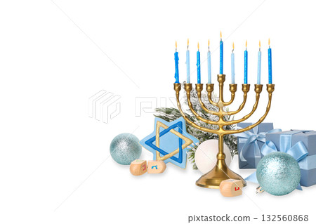 Menorah with blue candles and festive decor, isolated, PNG 132560868