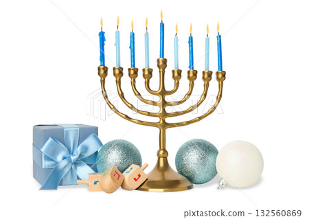 Menorah with blue candles and dreidels, isolated, PNG Menorah with blue candles and dreidels, isolated, PNG 132560869