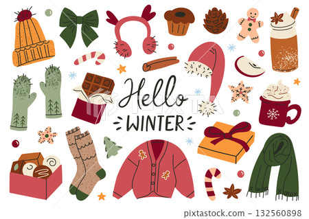 Collection of cozy winter and holiday elements, hello winter lettering, flat cartoon vector illustration for Christmas design, warm clothing, gift, sweets, festive accessories, seasonal decoration set Collection of cozy winter and holiday elements, hello winter lettering, flat cartoon vector illustration for Christmas design, warm clothing, gift, sweets, festive accessories, seasonal decoration set 132560898