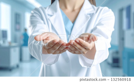 人工智慧生成的影像，畫面中一名身穿白大褂的女子伸出雙手 132560918