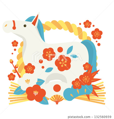 Year of the Horse New Year Icon 10, Retro Color, Shimekazari, Hakuba, Illustration, Cute Year of the Horse New Year Icon 10, Retro Color, Shimekazari, Hakuba, Illustration, Cute 132560939