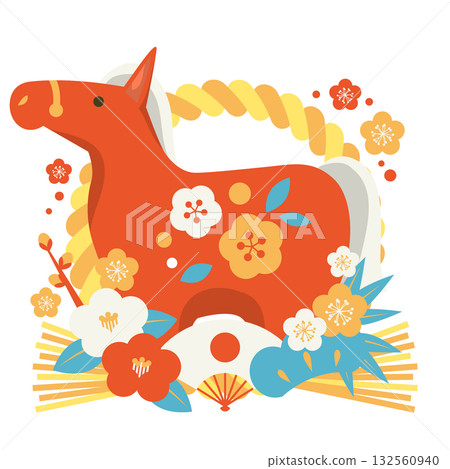 馬年新年圖示 10，復古色彩，吉祥圖案，紅馬，插畫，可愛 132560940
