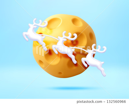 3D deers around moon. 132560966