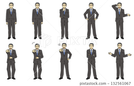 中年西裝男士全身像，多種姿勢，多種臉部表情，共10種類型 132561067