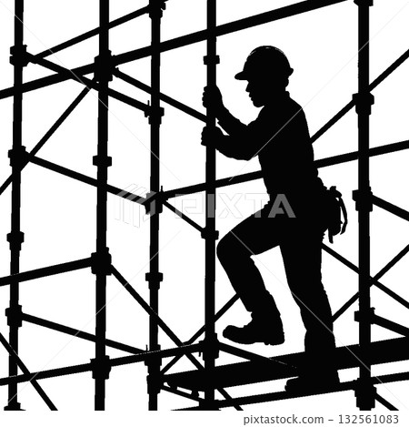 Silhouette of workers assembling scaffolding Silhouette of workers assembling scaffolding 132561083