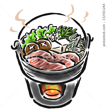 Sukiyaki served in a single-serving irori pot - hand-drawn brush-touch illustration Sukiyaki served in a single-serving irori pot - hand-drawn brush-touch illustration 132561264