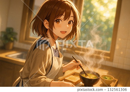 清晨，一位面帶微笑的女孩在廚房做飯。一幅沐浴在溫暖光線中的動漫插畫。 132561306