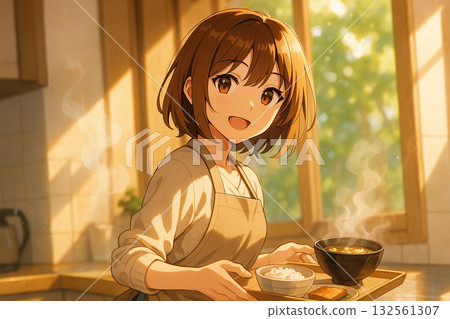 清晨，一位面帶微笑的女孩在廚房做飯。一幅沐浴在溫暖光線中的動漫插畫。 132561307