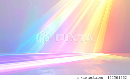 一幅奇幻抽象舞台空間的背景插圖，彩虹色的光線傾瀉而入。 132561362