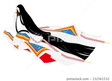 一件傳統的日本正式禮服，十二層和服。一位身著和服的貴婦人回頭望去。 132561532