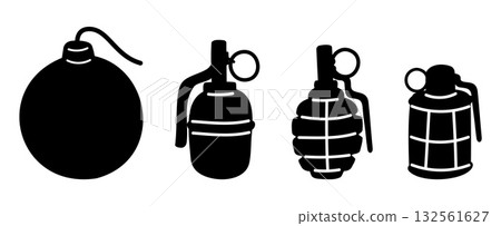 Bombs and fragmentation grenades. Military conflict arsenal. TNT detonator. Silhouette symbols. War attack. Rockets warhead. Gunpowder explosion. Vector set of black and white icons Bombs and fragmentation grenades. Military conflict arsenal. TNT detonator. Silhouette symbols. War attack. Rockets warhead. Gunpowder explosion. Vector set of black and white icons 132561627