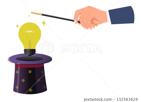 Businessman pulls light bulb out of his hat with magic wand. Creating idea. Conjurer tricks top hat. Brainstorm solution. Insight lamp in magician cap. Inspiration glow. Vector concept Businessman pulls light bulb out of his hat with magic wand. Creating idea. Conjurer tricks top hat. Brainstorm solution. Insight lamp in magician cap. Inspiration glow. Vector concept 132561629