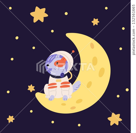 Cute dog astronaut in spacesuit sitting on moon. Universe exploration. Animal cosmonaut. Planet expedition. Spacewalk explore. Astronomy science. Stars and crescent. Vector concept Cute dog astronaut in spacesuit sitting on moon. Universe exploration. Animal cosmonaut. Planet expedition. Spacewalk explore. Astronomy science. Stars and crescent. Vector concept 132561665
