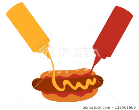 Delicious hot dogs are served with mustard and ketchup. Burger dressing. Squeeze sauce out of bottle. Unhealthy eating. American cuisine. Tasty sandwich with sausage. Vector concept Delicious hot dogs are served with mustard and ketchup. Burger dressing. Squeeze sauce out of bottle. Unhealthy eating. American cuisine. Tasty sandwich with sausage. Vector concept 132561669