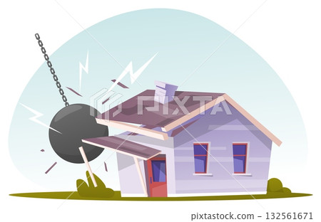 Dismantling house using ball ram. Building equipment for demolishing structures. Architecture damage. Home destruction crash. Wreaking sphere. Construction breaking. Vector concept Dismantling house using ball ram. Building equipment for demolishing structures. Architecture damage. Home destruction crash. Wreaking sphere. Construction breaking. Vector concept 132561671