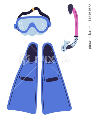 Diving equipment. Snorkeling tools. Snorkel and fins. underwater tube. Aquatic scuba mask with goggles. Underwater swimming. Ocean beach leisure. Vector marine diver isolated objects set Diving equipment. Snorkeling tools. Snorkel and fins. underwater tube. Aquatic scuba mask with goggles. Underwater swimming. Ocean beach leisure. Vector marine diver isolated objects set 132561672