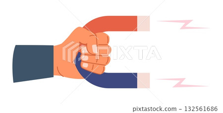 Hand holds large magnet. Attract power. Electromagnetic energy. Magnetic horseshoe. Marketing force. Followers generate. Magnetite polarity. Vector concept of attraction or magnetism Hand holds large magnet. Attract power. Electromagnetic energy. Magnetic horseshoe. Marketing force. Followers generate. Magnetite polarity. Vector concept of attraction or magnetism 132561686