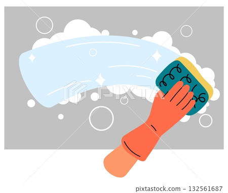 Hand wearing rubber glove washes dirty, dusty glass with large sponge and foam. Arm wiping window. Housekeeping maid work. Cleanup service. Disinfect cleanser froth. Vector concept 132561687