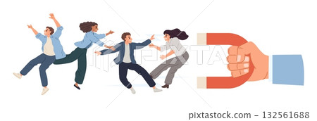 Hand with magnet attracts people. Attracting and retaining customer. Clients leads magnetic power. Social media technology. Subscribers group join. Followers generate. Vector concept Hand with magnet attracts people. Attracting and retaining customer. Clients leads magnetic power. Social media technology. Subscribers group join. Followers generate. Vector concept 132561688