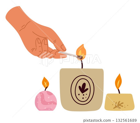 Hand with match light scented candle for romantic mood. Arm burning candlestick. Aroma spa candlelight. Fingers holding blazing matchstick. Relax aromatherapy. Cozy interior. Vector concept 132561689