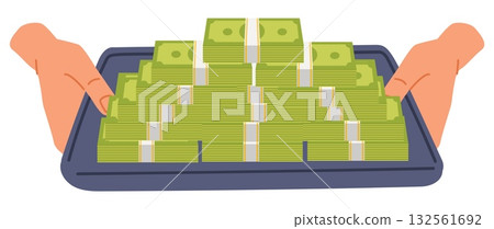 Hands holding tray with bundles of money. Paper cash bills lying in stacks. Financial payment. Dollar banknotes. Corruption bribe. Currency savings. Business investment. Vector concept 132561692